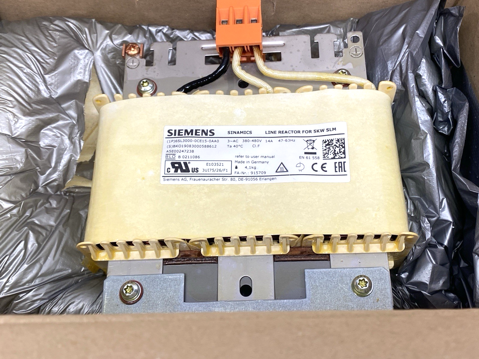Siemens 6SL3000-0CE15-0AA0 SINAMICS Line Reactor Transformer for 5kW SLM 14A - Maverick Industrial Sales
