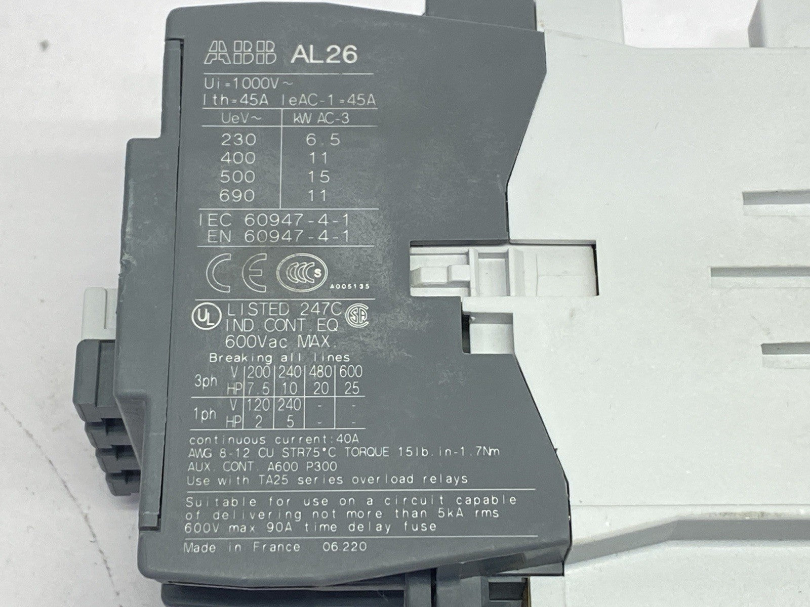 AL26-30-10 | ABB AL26 Contactor 3P 45A 690V 24VDC Coil - For parts or not working - Maverick Industrial Sales