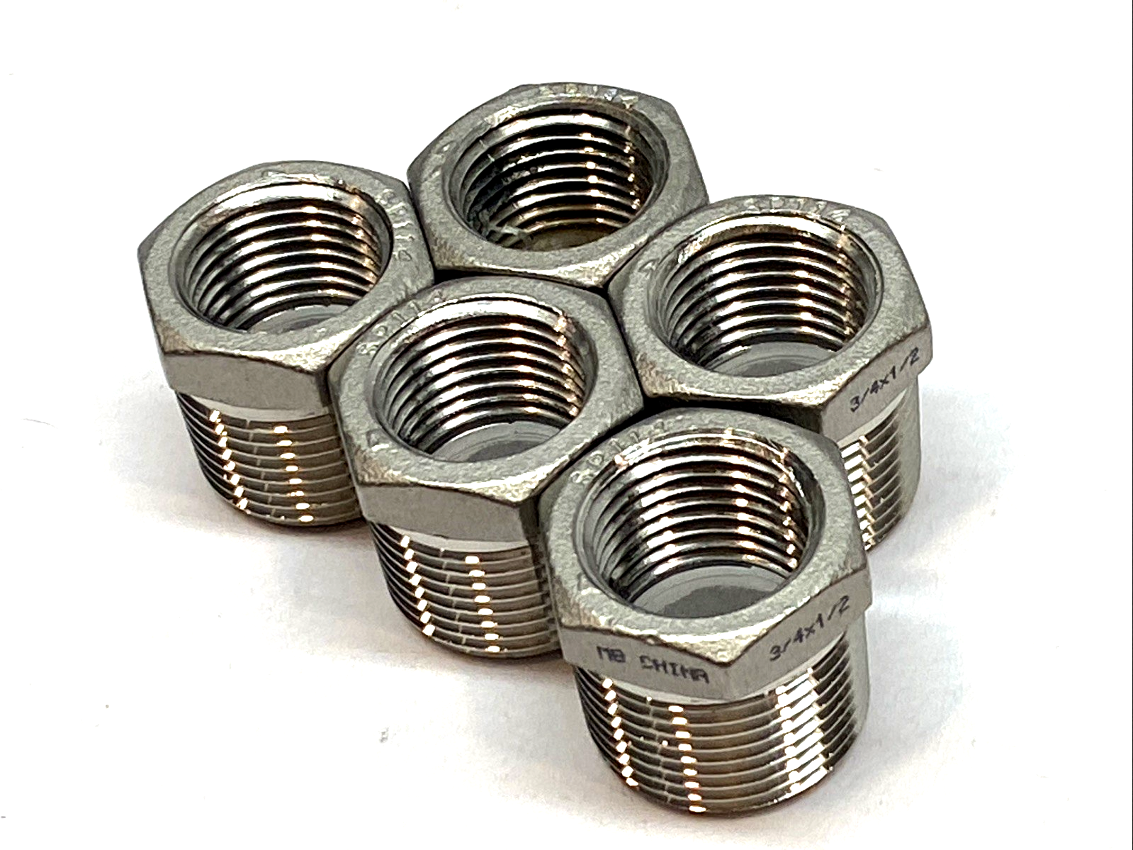 NPT Hex Reducing Bushing 3/4"x1/2" 304 Stainless Steel LOT OF 5 - Maverick Industrial Sales