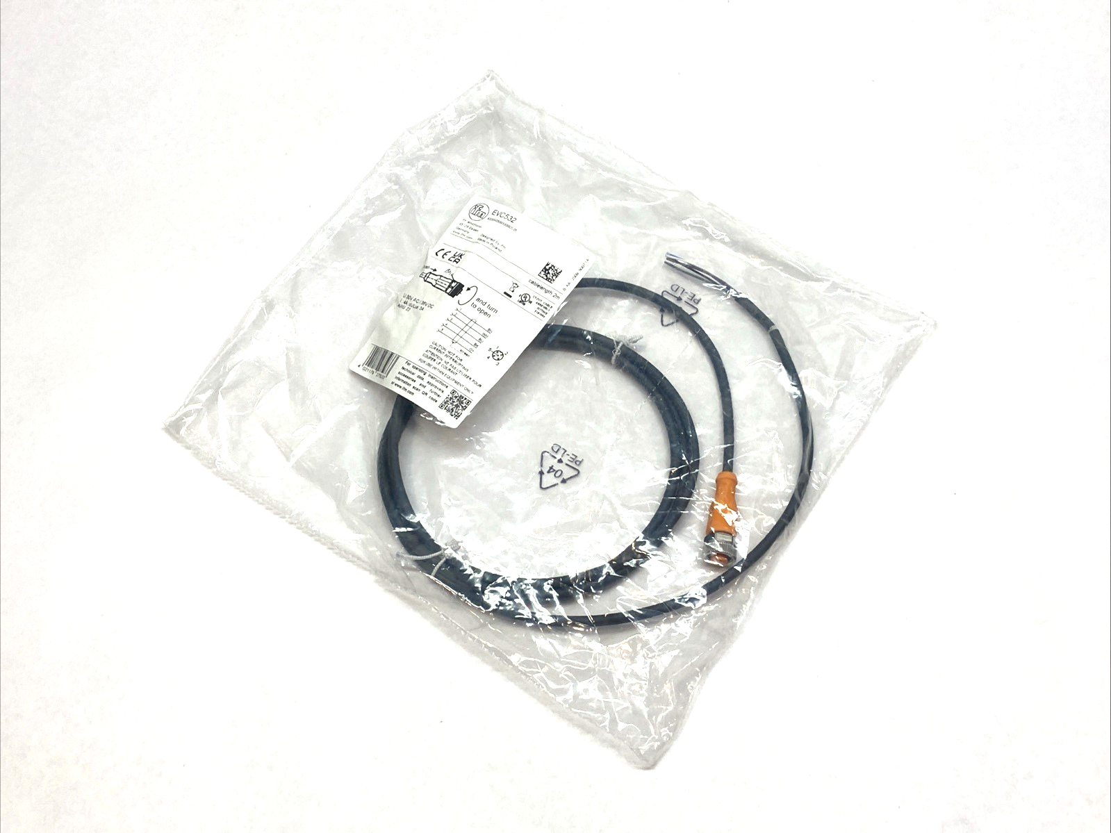 EVC532 | IFM Shielded Cable 5-Pin Female 2m 30VAC 36VDC 4A/3A - New - Maverick Industrial Sales