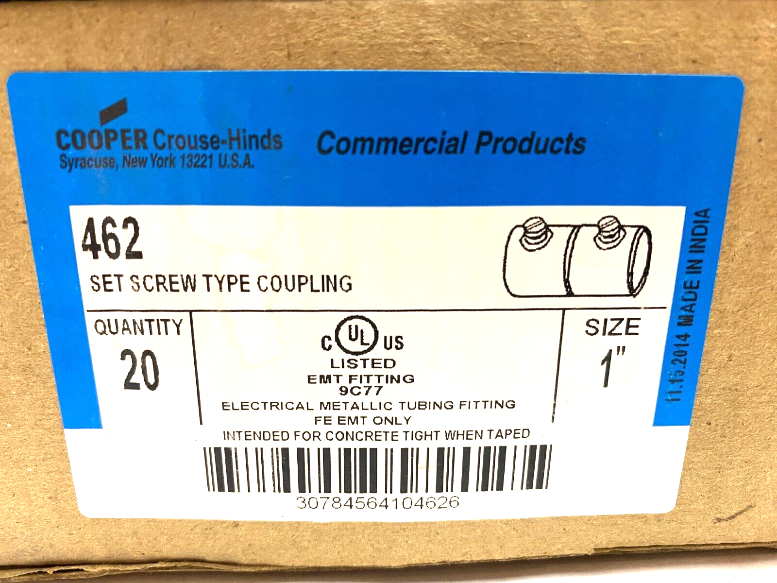 Cooper Crouse Hinds 462 Strait Set Screw Steel EMT Coupling 1" Size BOX OF 20 - Maverick Industrial Sales