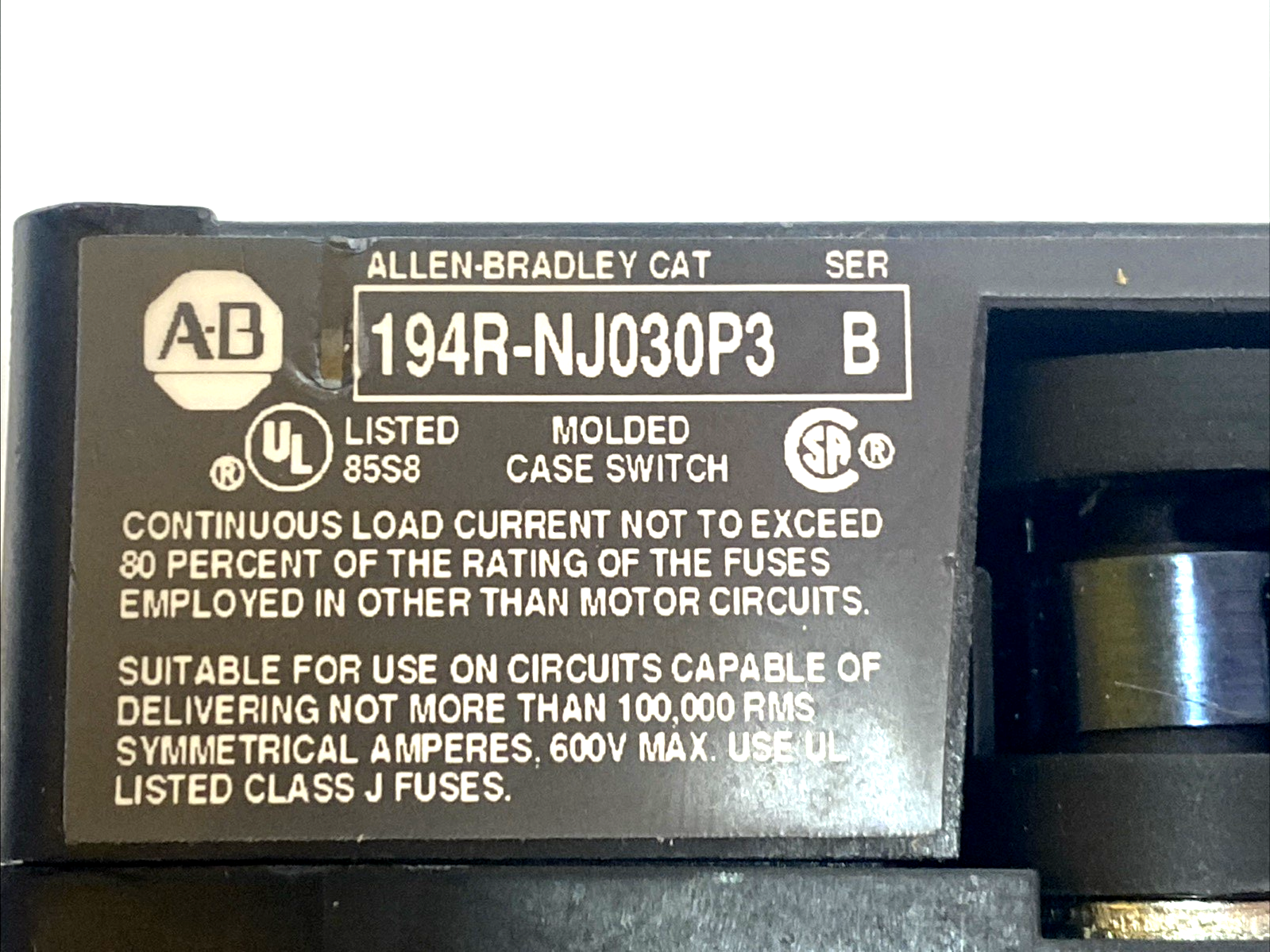 194‑NJ030P3 | Allen Bradley 30A 3‑Pole Fused Rotary Disconnect Switch 600V SER B - Used - Maverick Industrial Sales