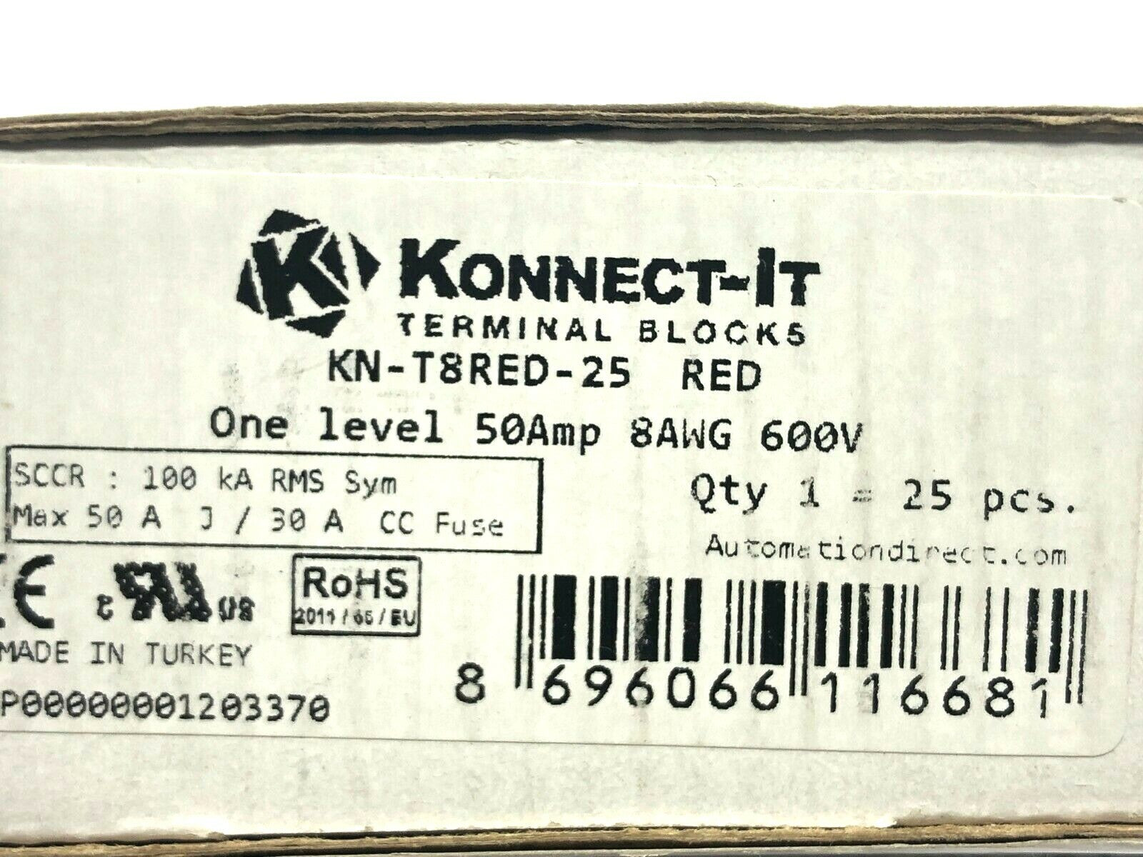 Konnect It KN-T8RED-25 Screw Single Level Terminal Block Red BOX OF 25 - Maverick Industrial Sales