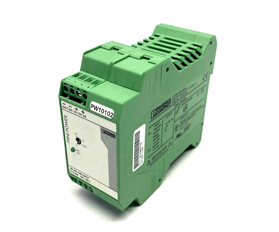 MINI-PS-100-240AC/10-15DC/2,2938756 | Phoenix Contact MINI-PS-100-240AC/10-15DC/2 Power Supply 10-15V DC 2A 2938756 - Used - Maverick Industrial Sales
