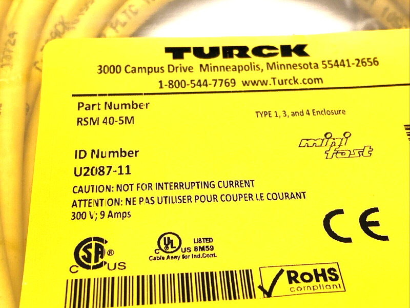 Turck RSM 40-5M Cordset 7/8" Male 4-Pin To Leads 5m U2087-11 - Maverick Industrial Sales