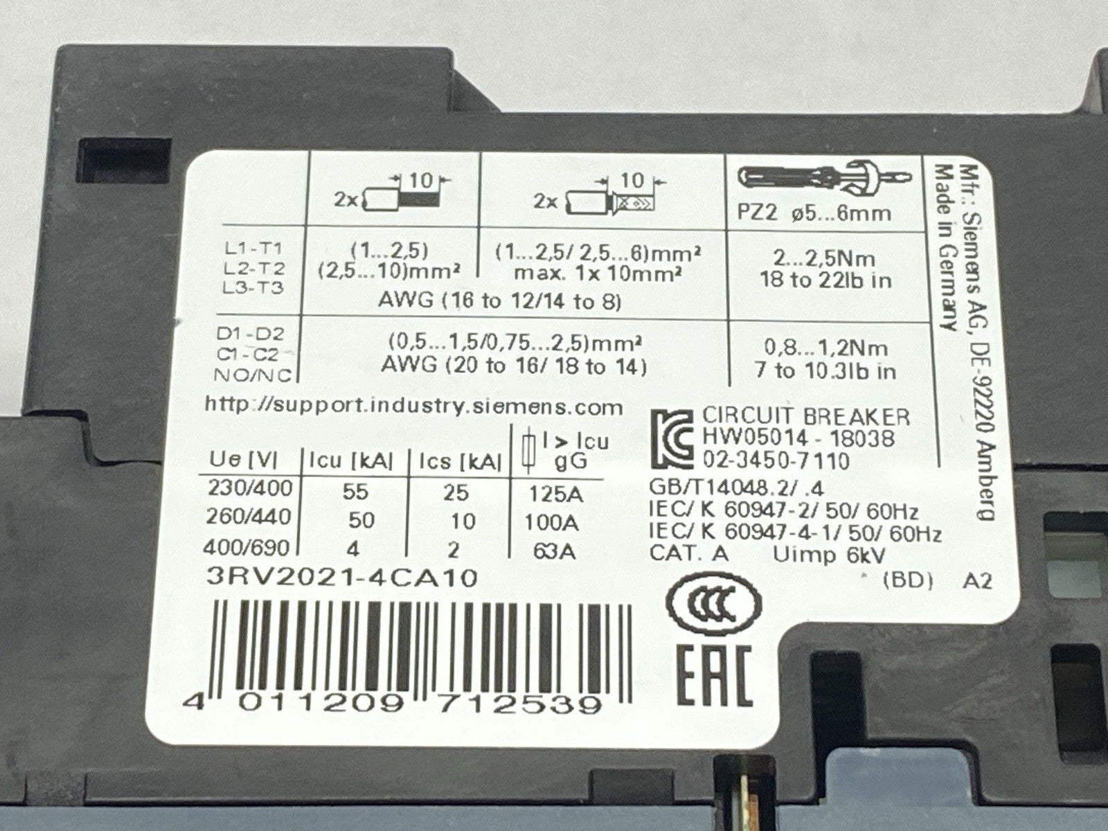 Siemens 3RV2021-4CA10 Circuit Breaker For Motor Protection 16-22A 256A 480V - Maverick Industrial Sales