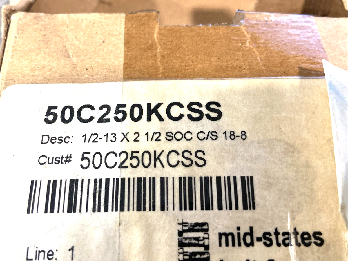 Mid-States 50C250KCSS Socket Head Cap Screw SS 1/2"-13 x 2-1/2" LOT OF 4 - Maverick Industrial Sales