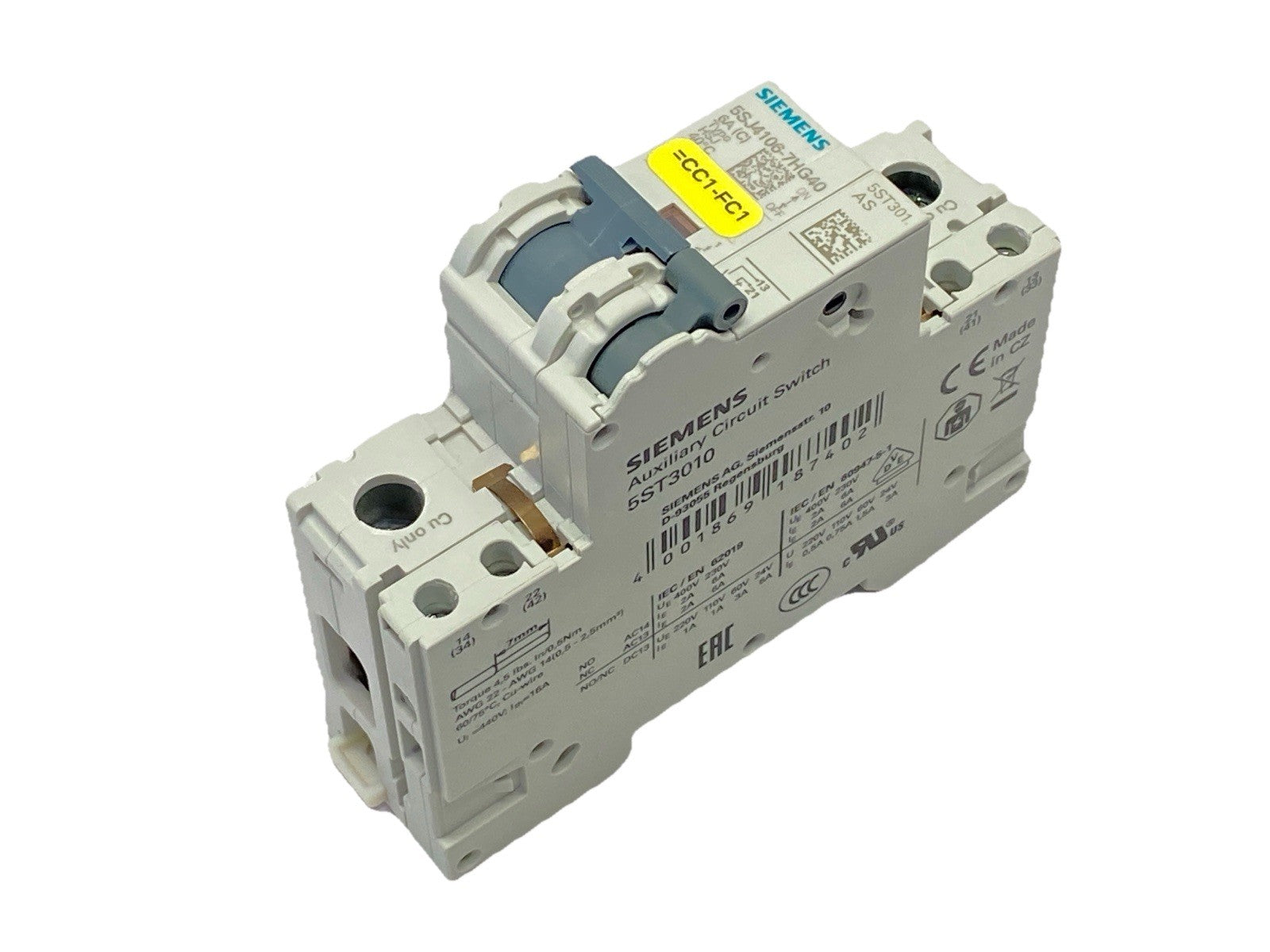 Siemens 5SJ4106-7HG40 Miniature Circuit Breaker 240V 1P 6A w/ 5ST3010 Switch - Maverick Industrial Sales