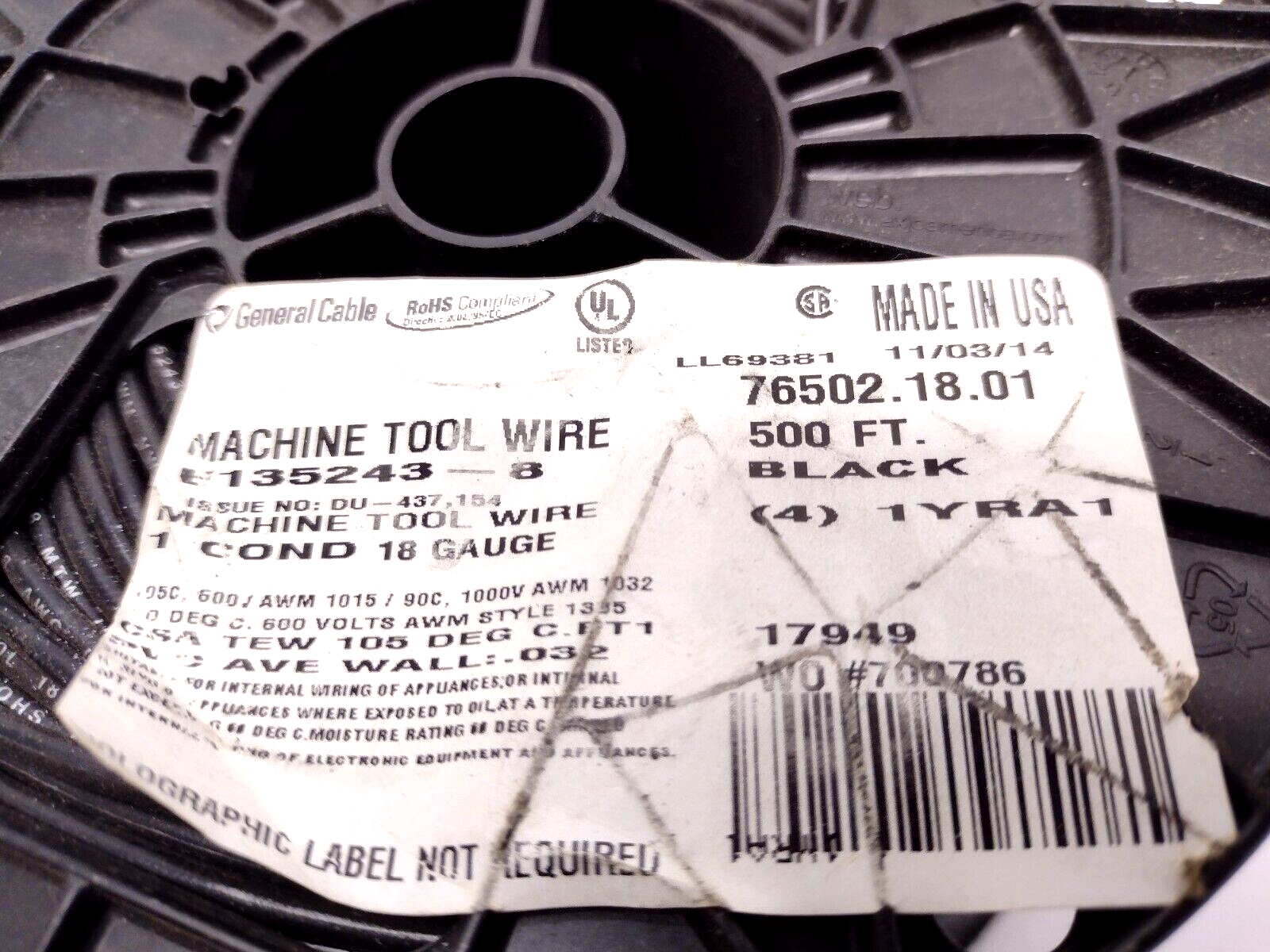 General Cable 76502.18.01 E135243-8 Machine Tool Wire 18AWG 1 Cond. Black 4.5lb - Maverick Industrial Sales