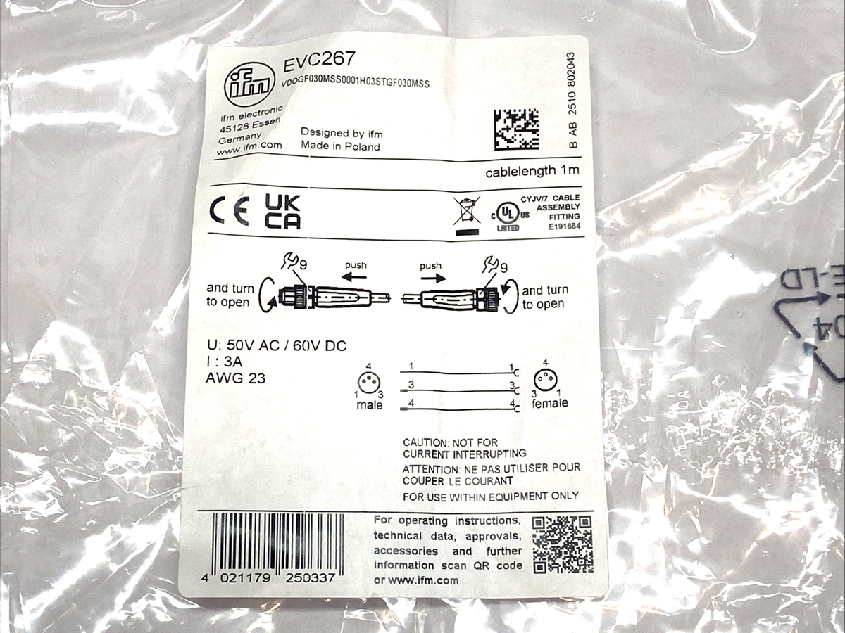 EVC267 | IFM Effector Sensor Connection Cable 1m 50VAC 6VDC 3A - New - Maverick Industrial Sales