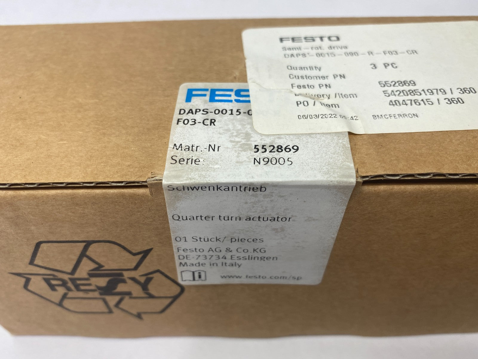 Festo DAPS-0015-090-R-F03-CR Quarter Turn Actuator, 552869 - Maverick Industrial Sales