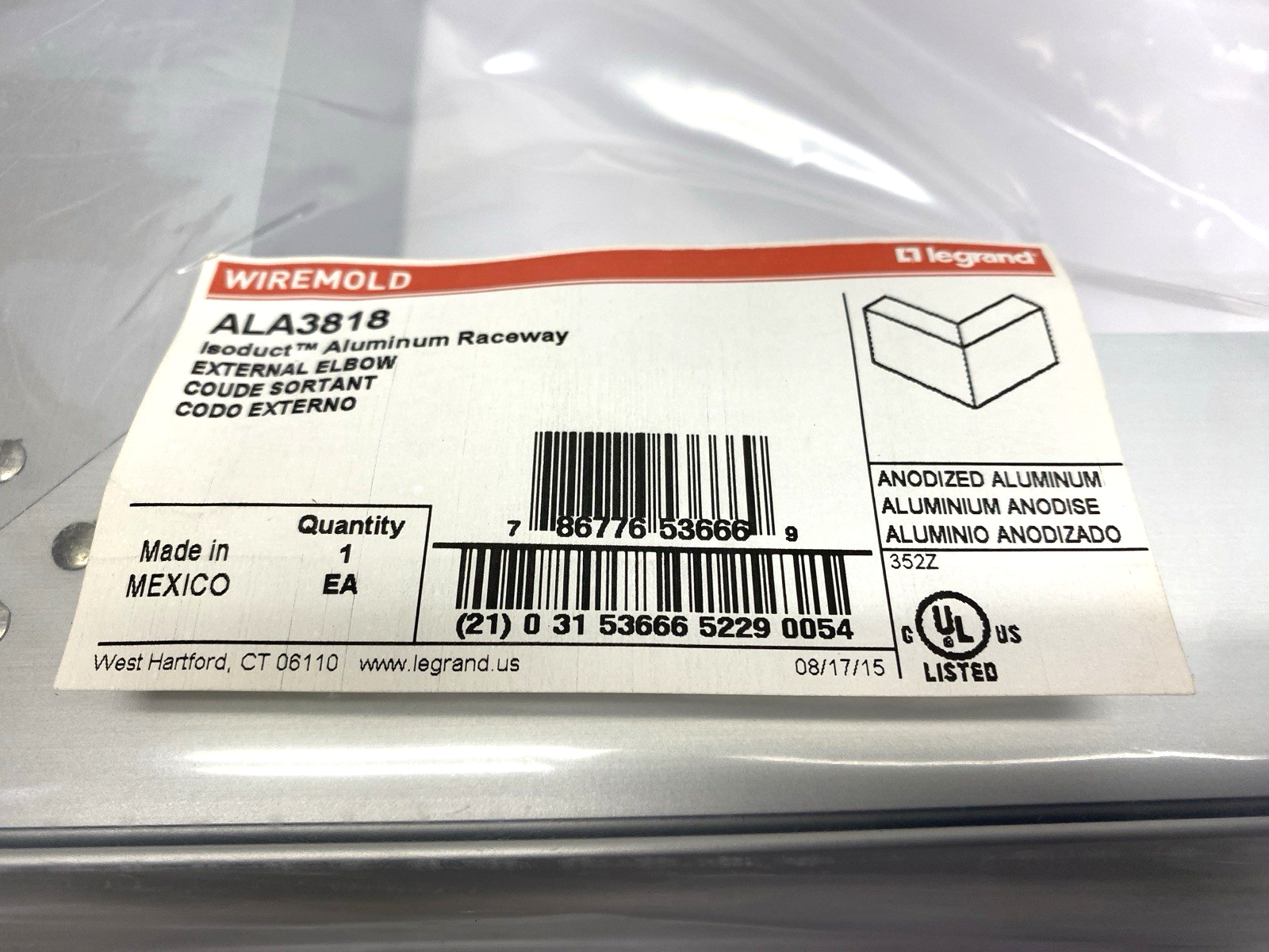 Legrand ALA3818 Wiremold Isoduct Aluminum Raceway External Elbow PKG OF 4 - Maverick Industrial Sales