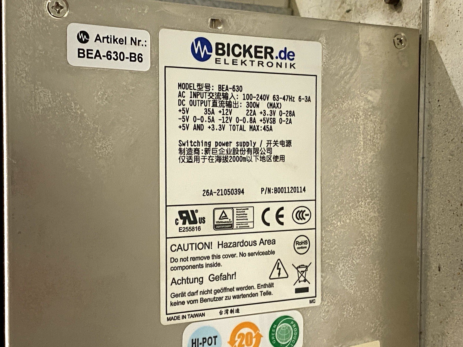 B001120114, BEA-630-B6 | Bicker.de Elektronik B001120114 Industrial PC Power Supply 300W BEA-630-B6 - Used - Maverick Industrial Sales