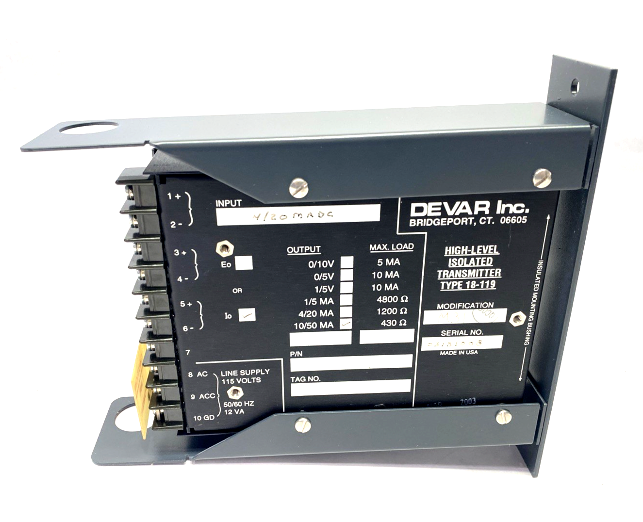 18-119-M31 | Devar Isolated Signal Converter 40/20 mA DC in 10/50 MA Out, Mod. M31 - For parts or not working - Maverick Industrial Sales