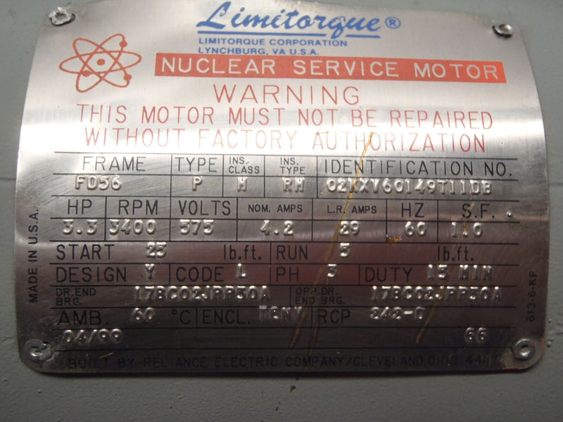 Limitorque 02KXV60149T11DB Nuclear Service Motor 3.3HP 3400RPM 575V 4.2A - Maverick Industrial Sales