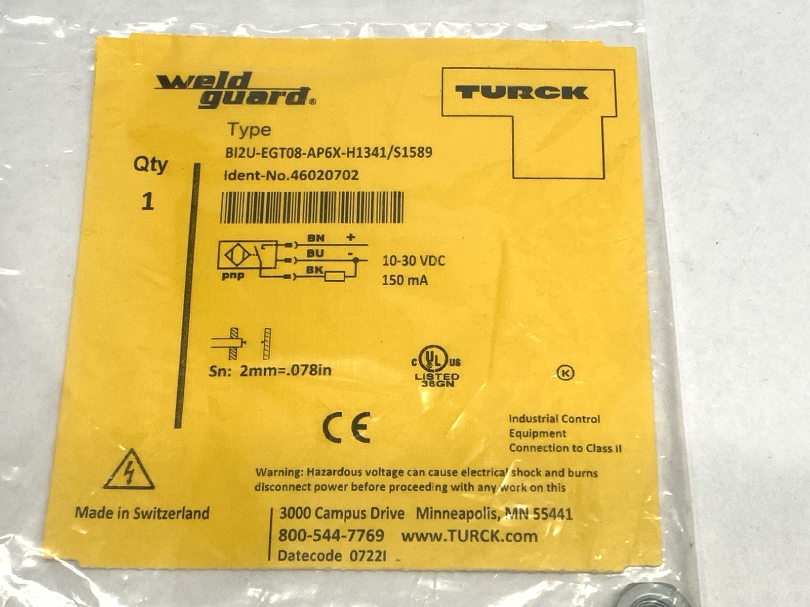 Turck B12U-EGT08-AP6X-H1341/S1589 Weld Guard Proximity Sensor 46020702 - Maverick Industrial Sales