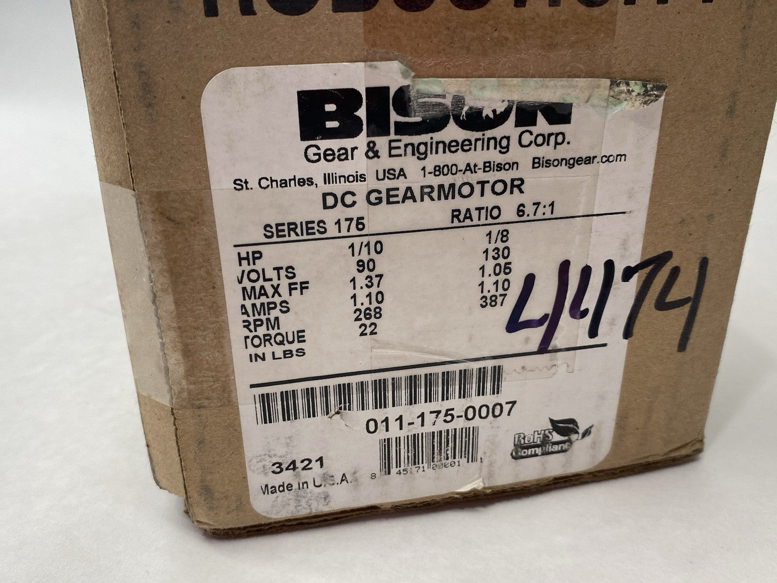 Bison 011-175-0007 Parallel DC Gearmotor 1/10HP 268rpm 6.7:1 Ratio - Maverick Industrial Sales