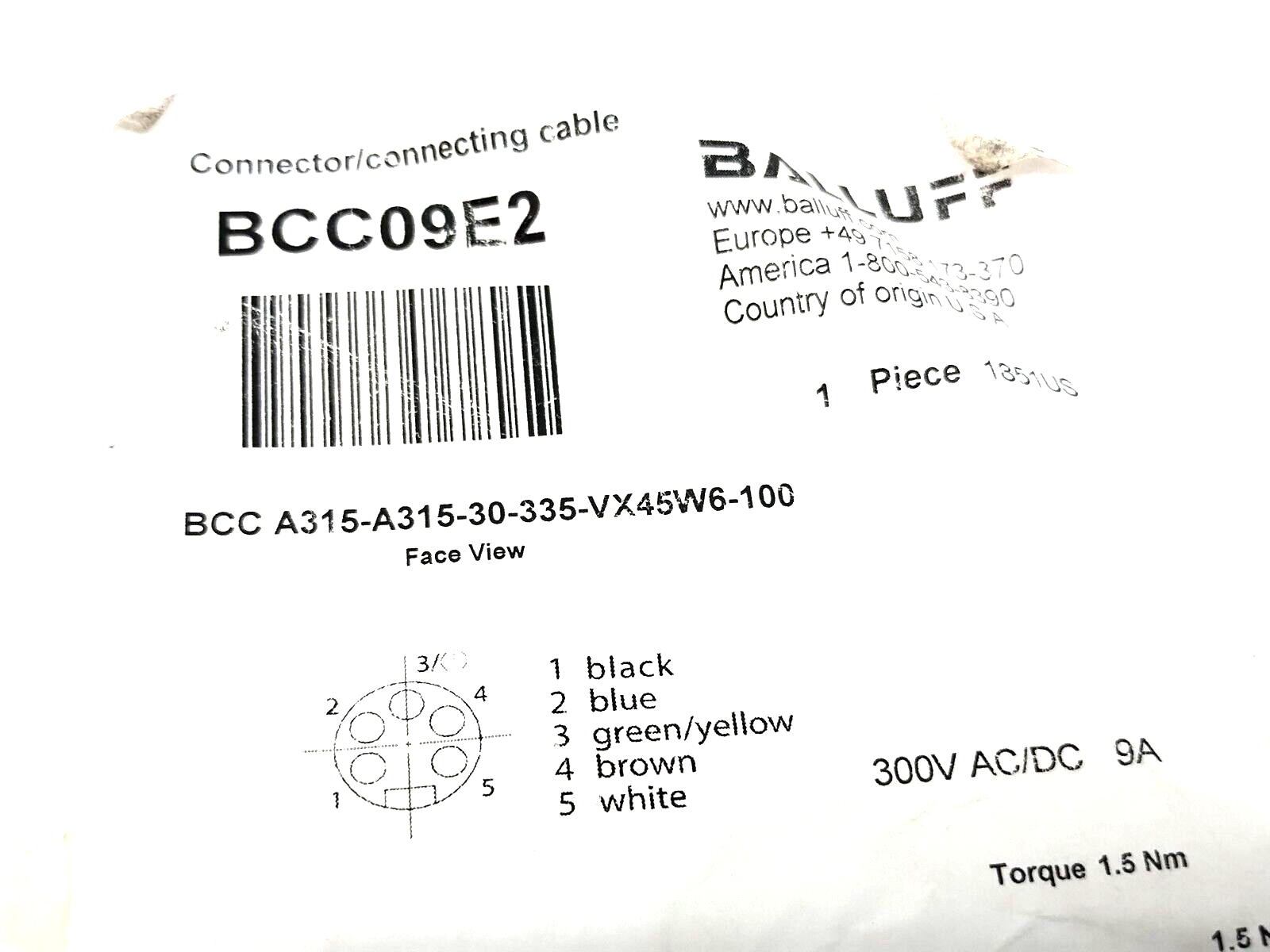 Balluff BCC09E2 Cordset 7/8" 5-Pin M-F 10m BCC A315-A315-30-335-VX45W6-100 - Maverick Industrial Sales