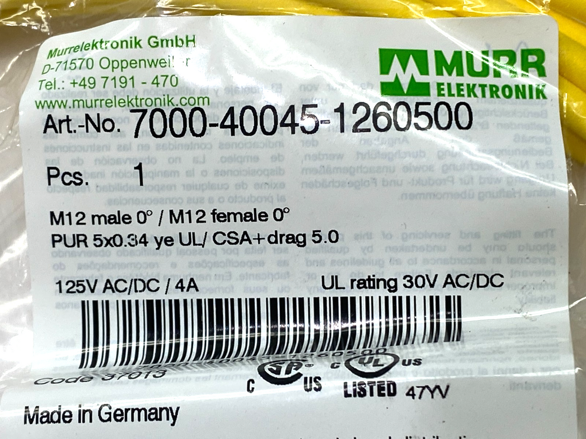 7000-40045-1260500 | Murrelektronik Double Ended Connector Cordset M12 M/F 5m - New - Maverick Industrial Sales