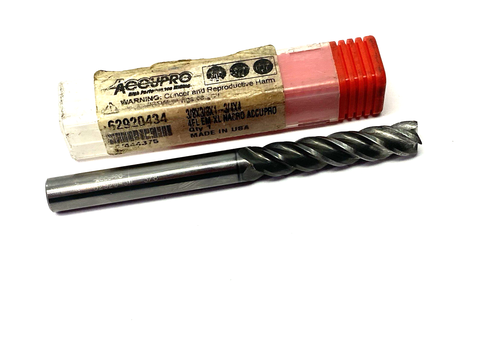 62920434 | Accupro Square End Mill: 3/8" Dia, 1-3/4" LOC, 4 Flute, Solid Carbide - Used - Maverick Industrial Sales