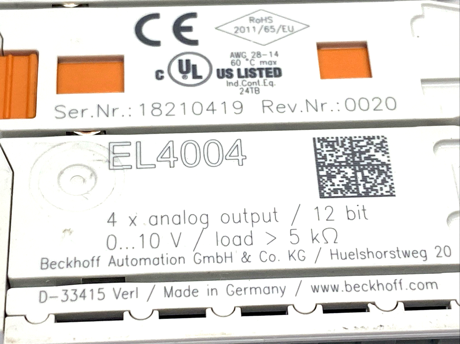 Beckhoff EL4004 EtherCAT Terminal, 4-Channel Analog Output, 12 Bit - Maverick Industrial Sales