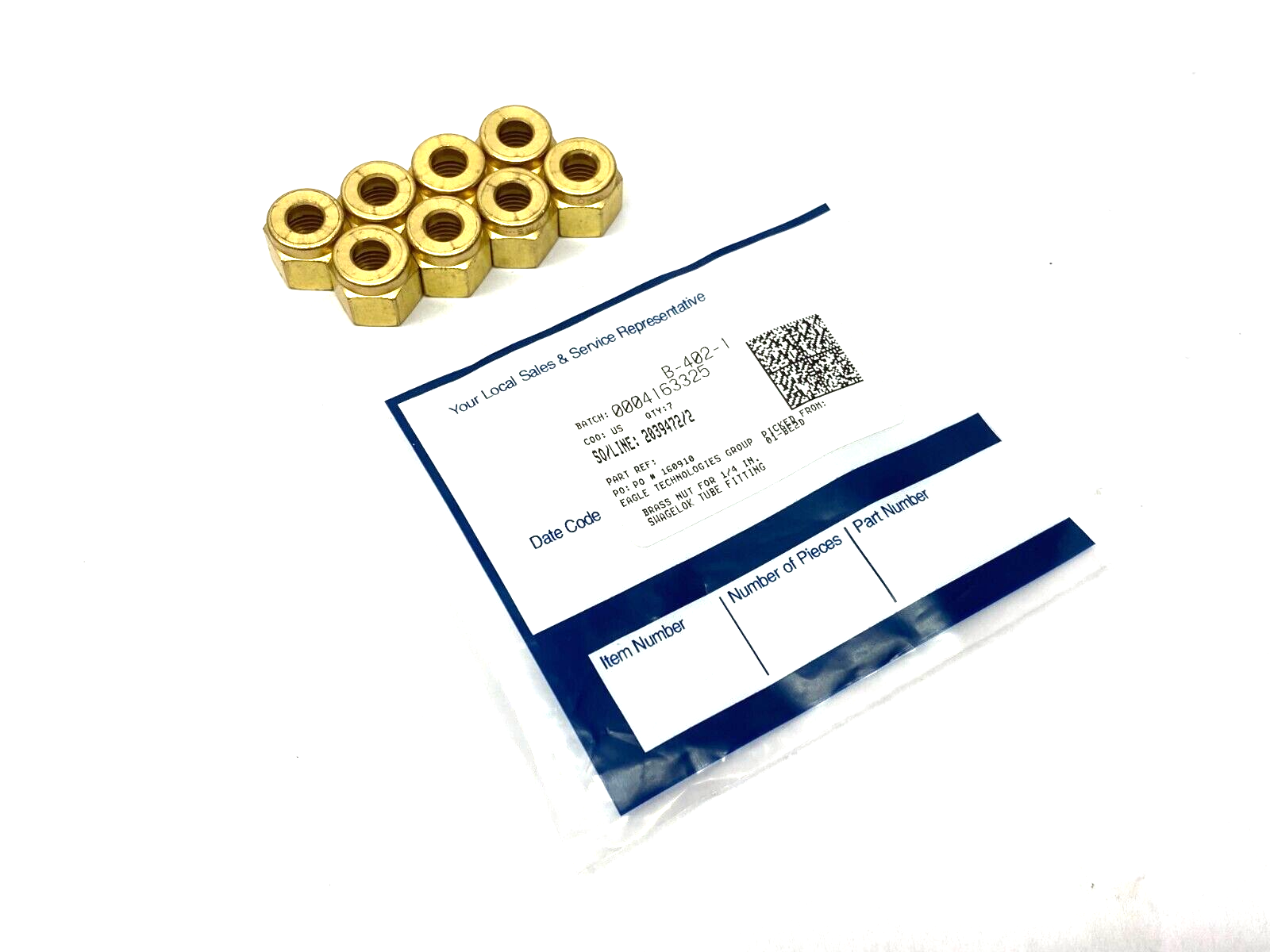 Swagelok B-402-1 Brass Nut for 1/4" Tube Fitting PKG OF 8 - Maverick Industrial Sales