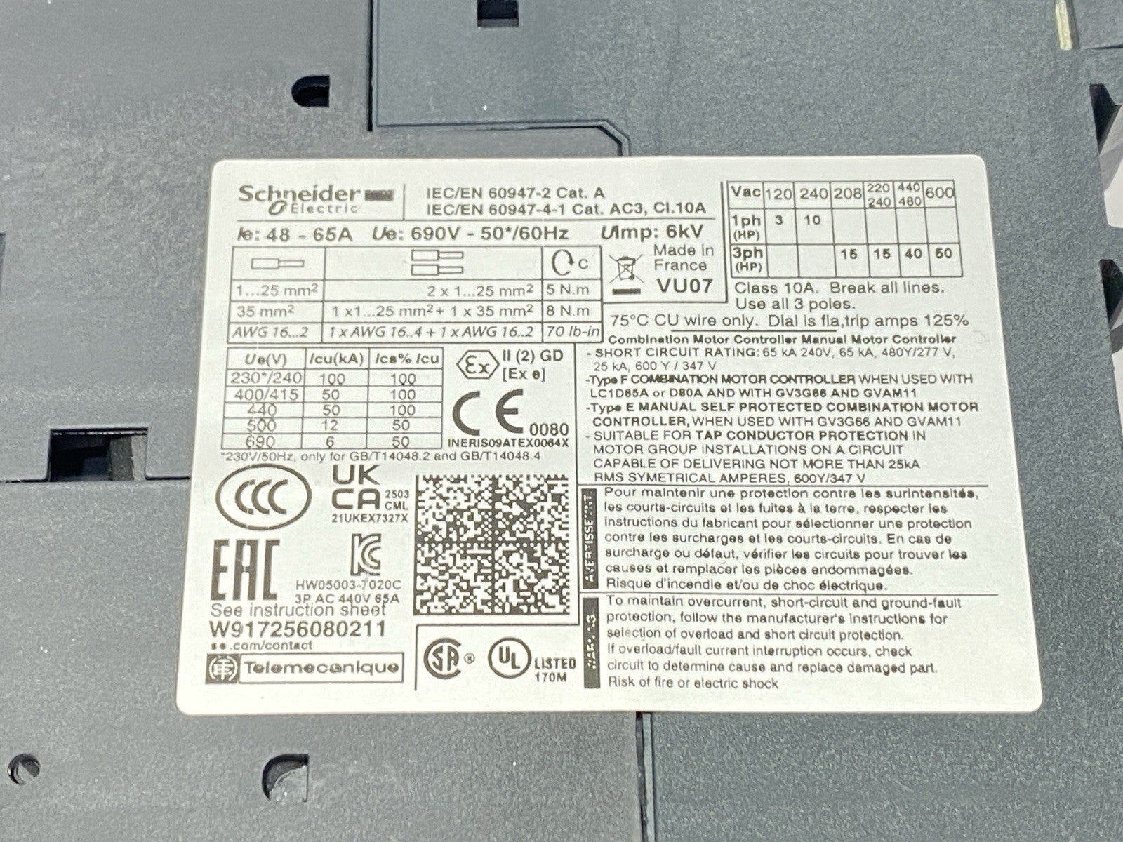 GV3P65 | Schneider Electric TeSys Deca Manual Starter and Protector 3P 48-65A - Used - Maverick Industrial Sales