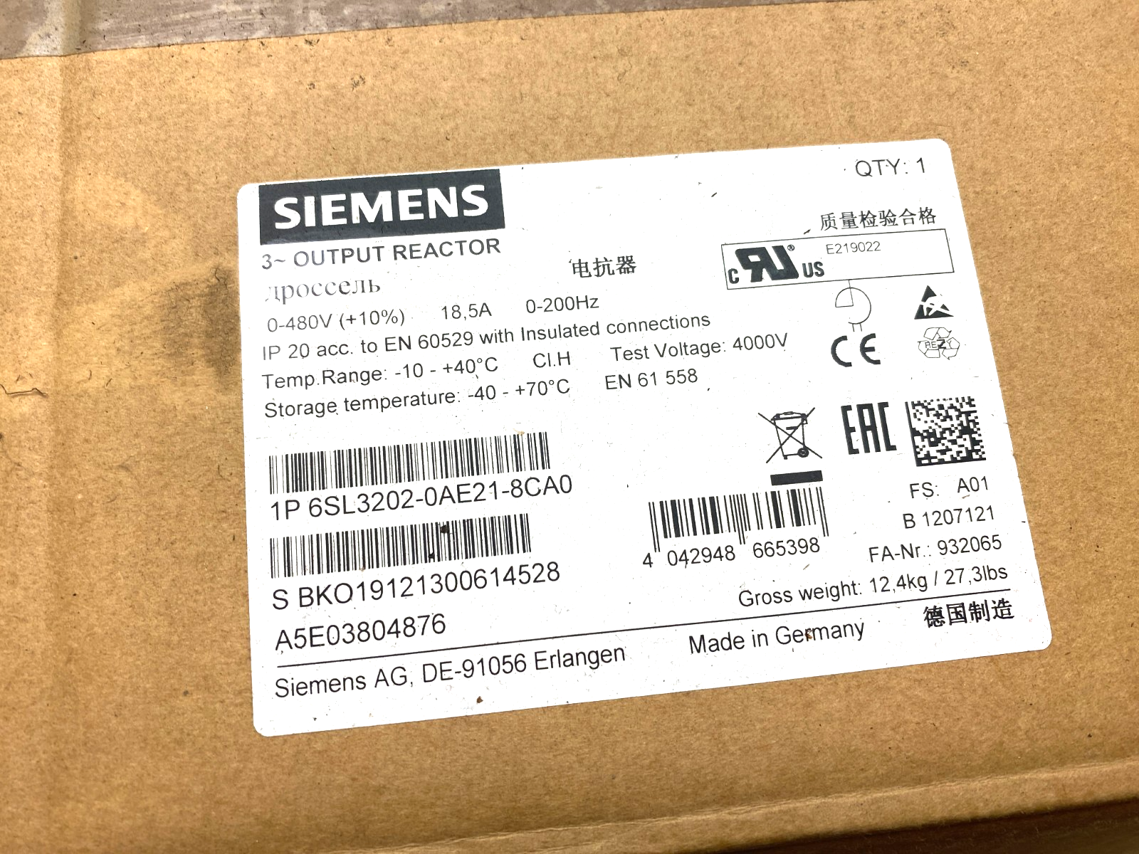 Siemens 6SL3202-0AE21-8CA0 SINAMICS Output Reactor 380-480V - Maverick Industrial Sales
