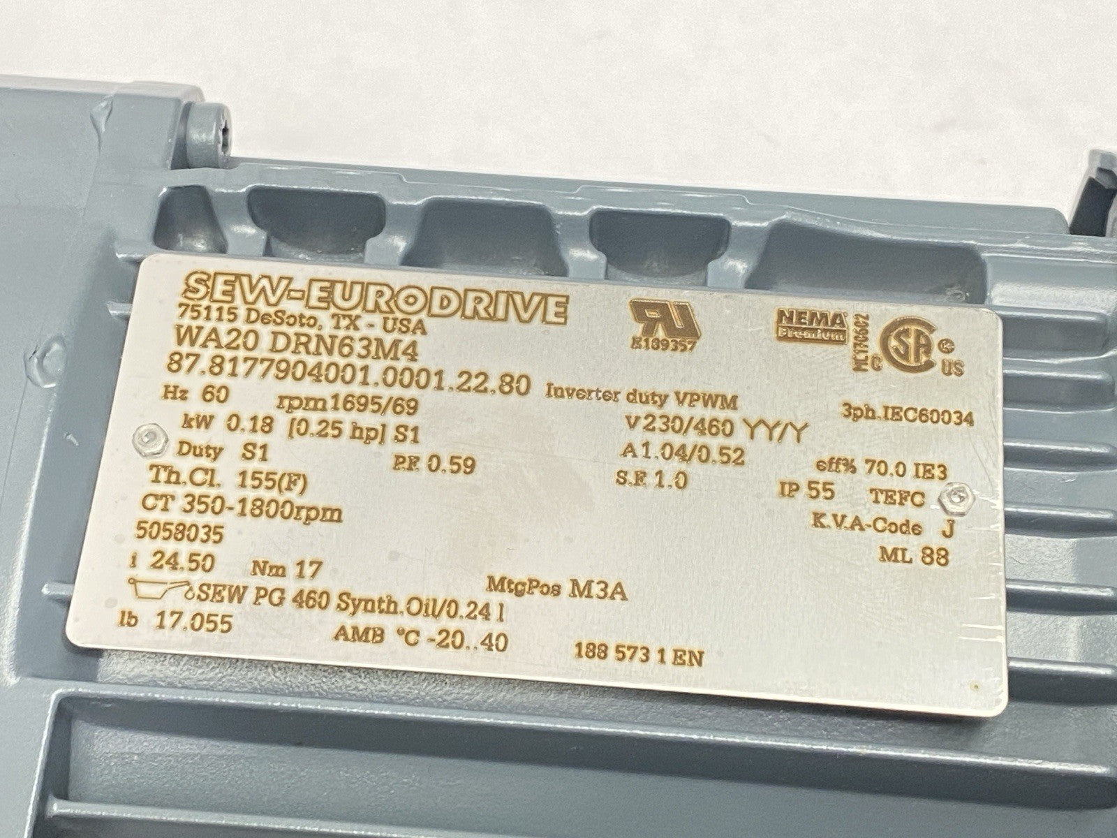 Sew-Eurodrive WA20 DRN63M4 Gearmotor 1695/69rpm 1.04/0.52A 230/460V 0.25HP - Maverick Industrial Sales
