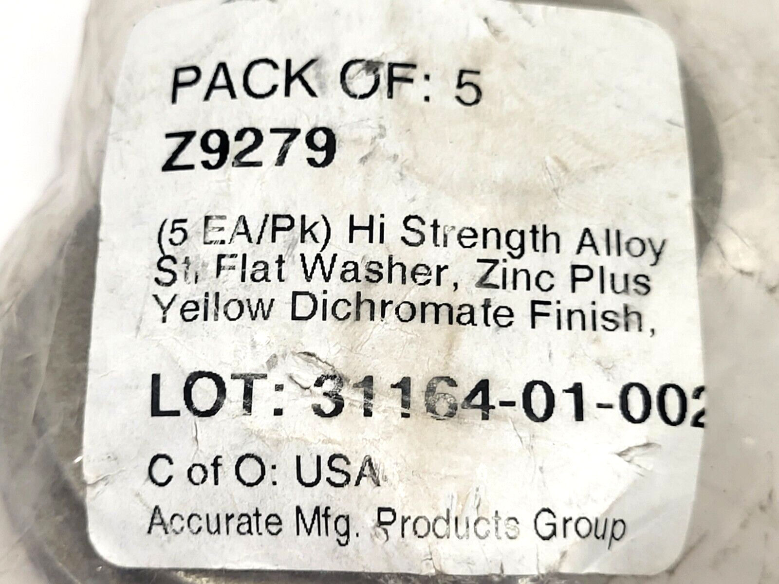 Accurate Manufacturing Z9279 High Strength Alloy Flat Washer LOT OF 5 - Maverick Industrial Sales