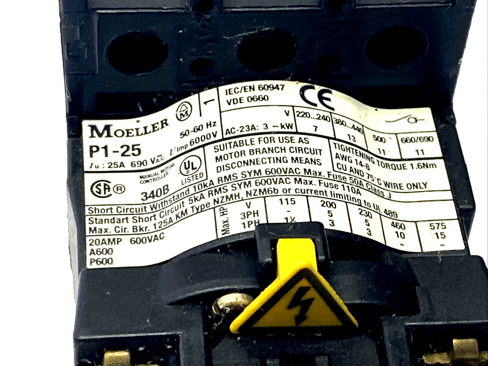 P1-25/EA/SVB | Moeller Rotary Disconnect Circuit Interruptor 25A, NO HANDLE - Used - Maverick Industrial Sales