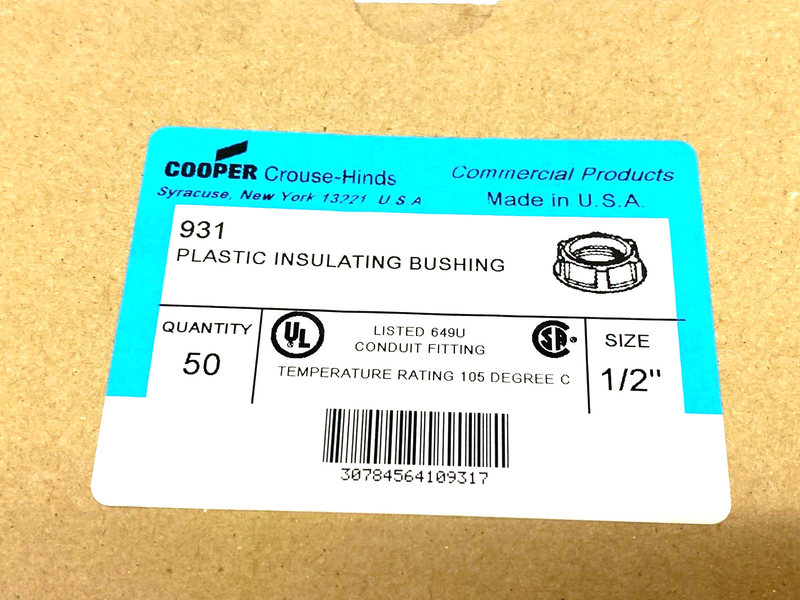 Cooper Crouse Hinds 931 Gray Plastic Insulating Bushing 1/2" Size BOX OF 50 - Maverick Industrial Sales