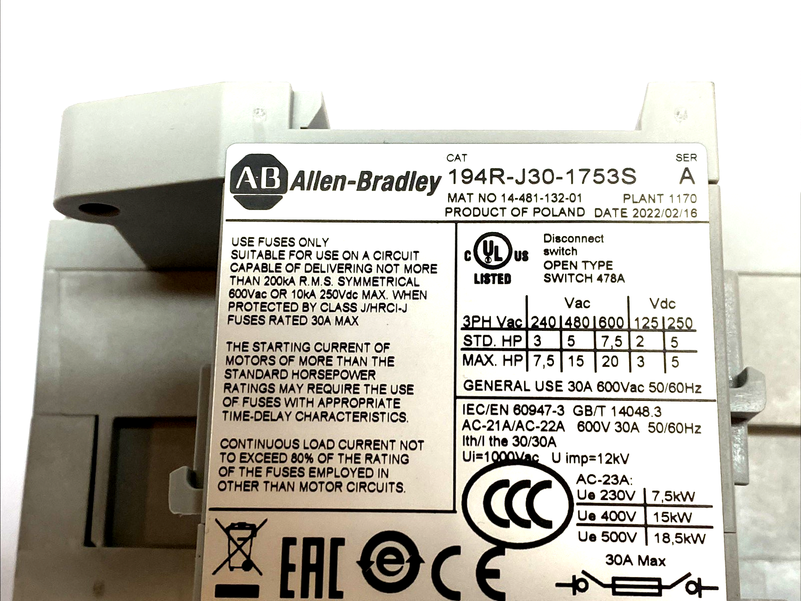194R-J30-1753S | Allen-Bradley Fused Disconnect Switch 30A 3-Pole Class J SER A - New – Open box - Maverick Industrial Sales