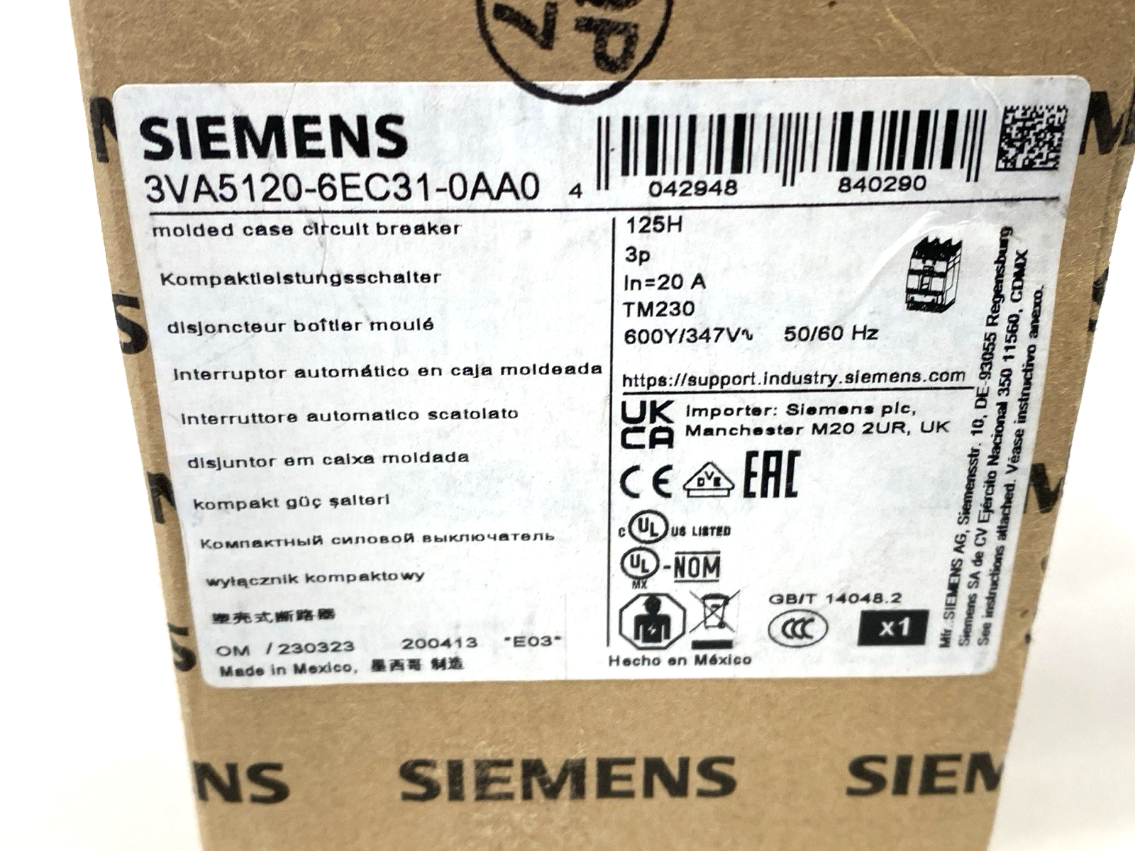 Siemens 3VA5120-6EC31-0AA0 Molded Case Circuit Breaker 3-Pole 125H TM230 - Maverick Industrial Sales