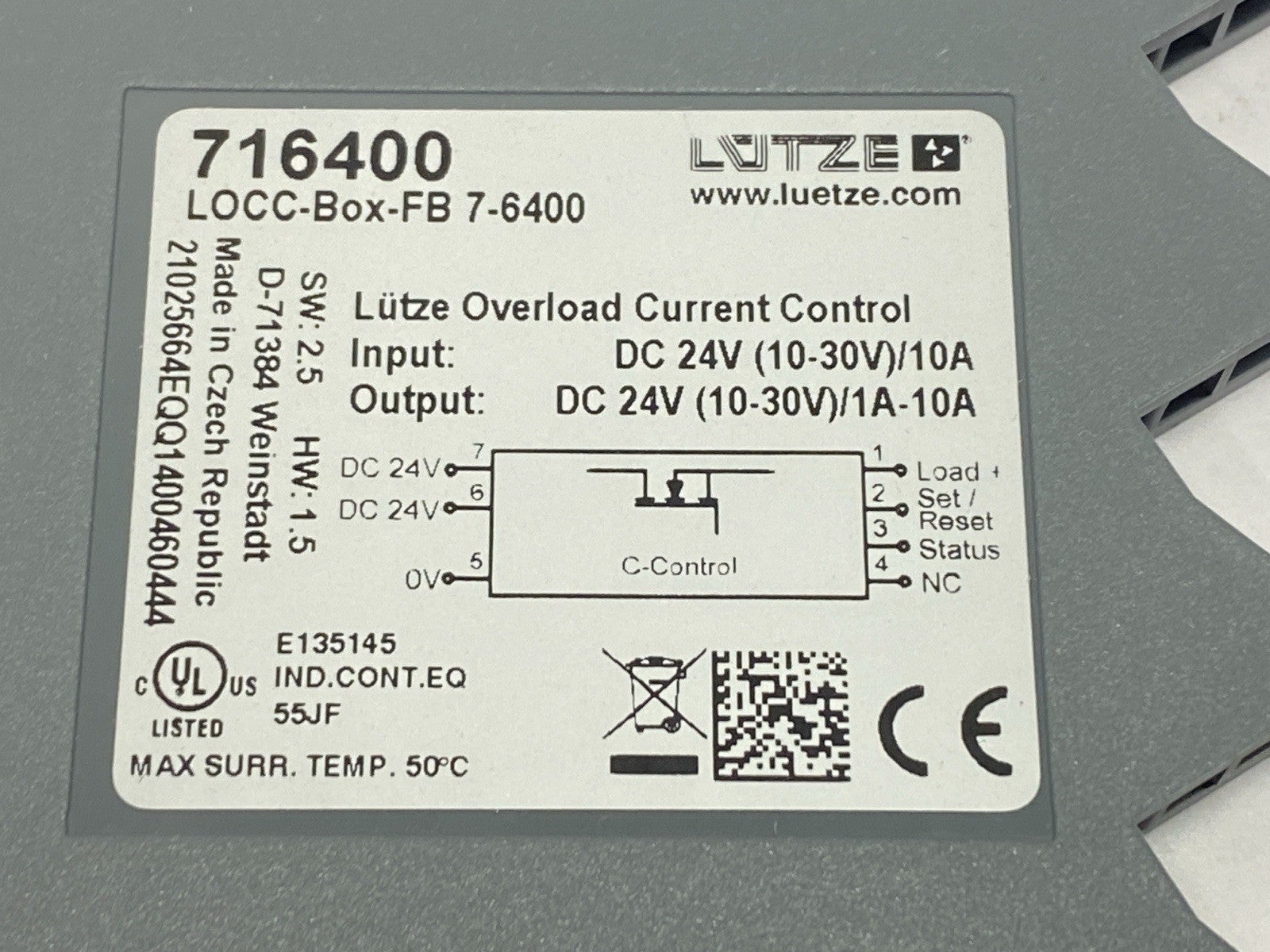 716400 | Lutze LOCC-Box-FB 7-6400 Electronic Circuit Breaker 1-10A - New – Open box - Maverick Industrial Sales