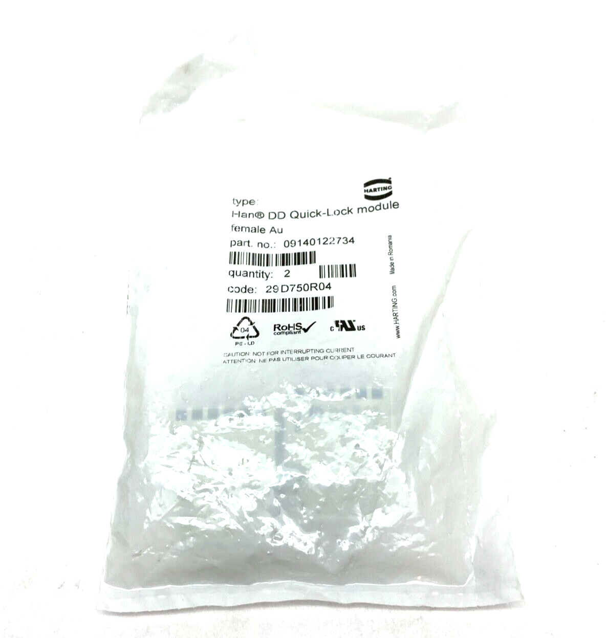 Harting 09140122734 Han DD Quick-Lock Module Female Au PKG OF 2 - Maverick Industrial Sales