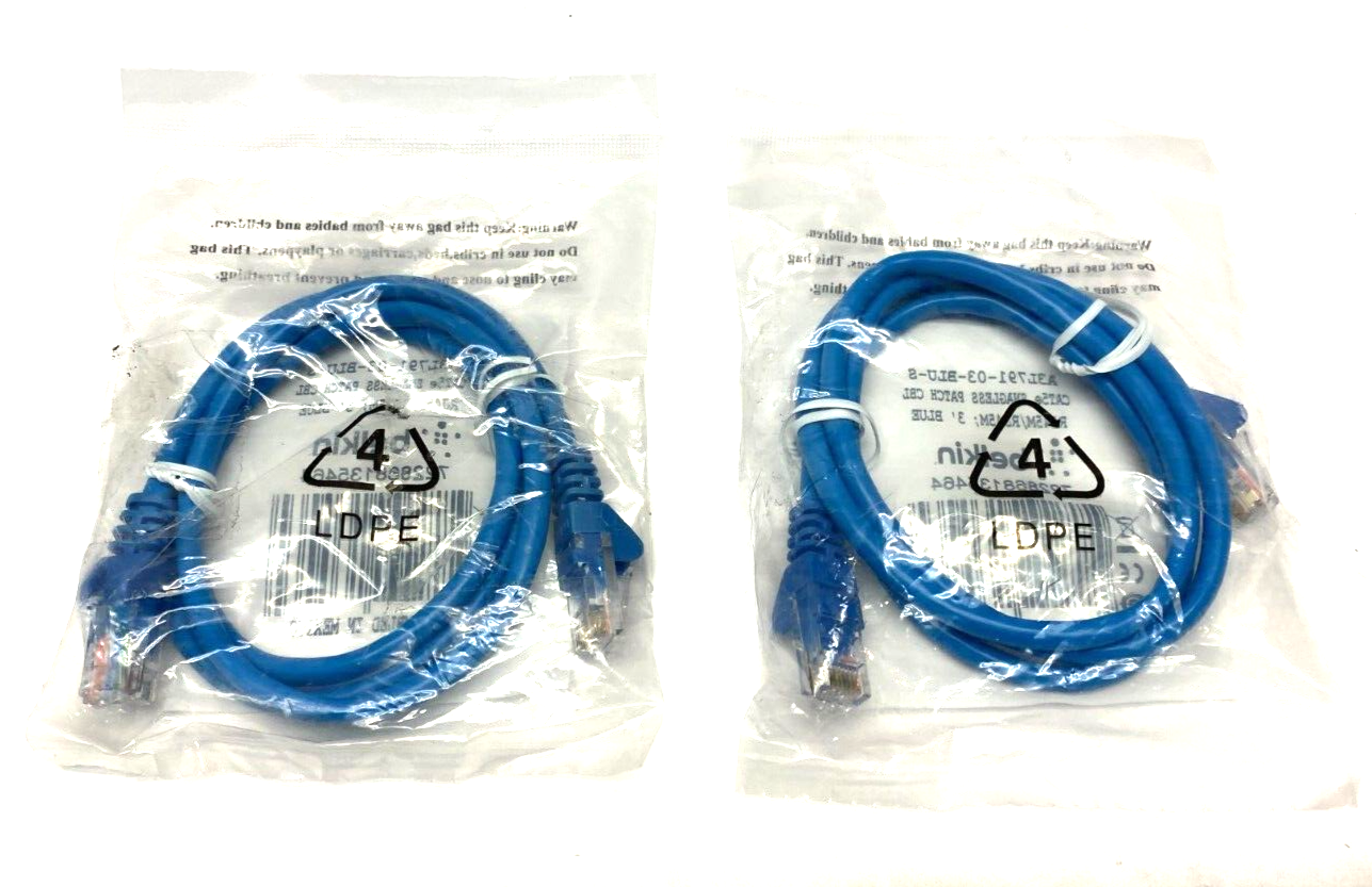 Belkin A3L791-03-BLU-S Cat5 Snagless Patch Cable RJ45 to RJ45 3' Length LOT OF 2 - Maverick Industrial Sales