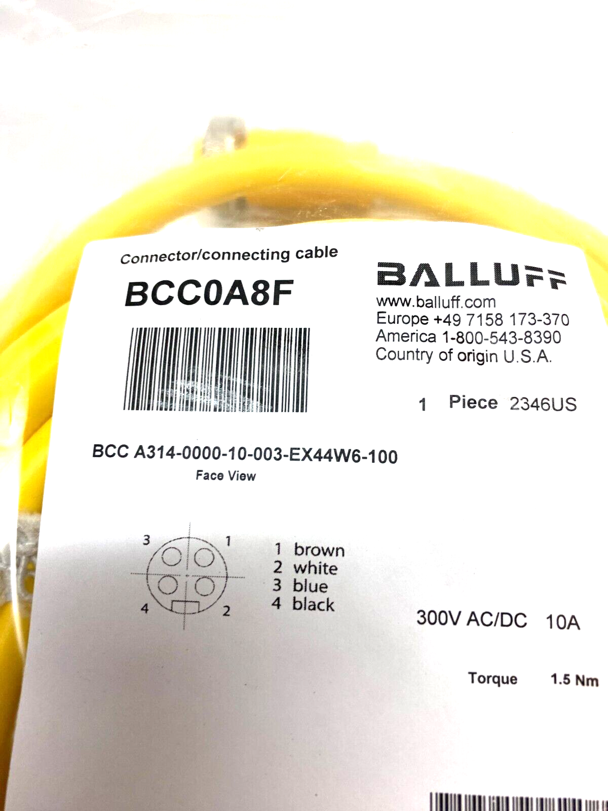 Balluff BCC0A8F Power Connection Cable Sgl-Ended BCC A314-0000-10-003-EX44W6-100 - Maverick Industrial Sales