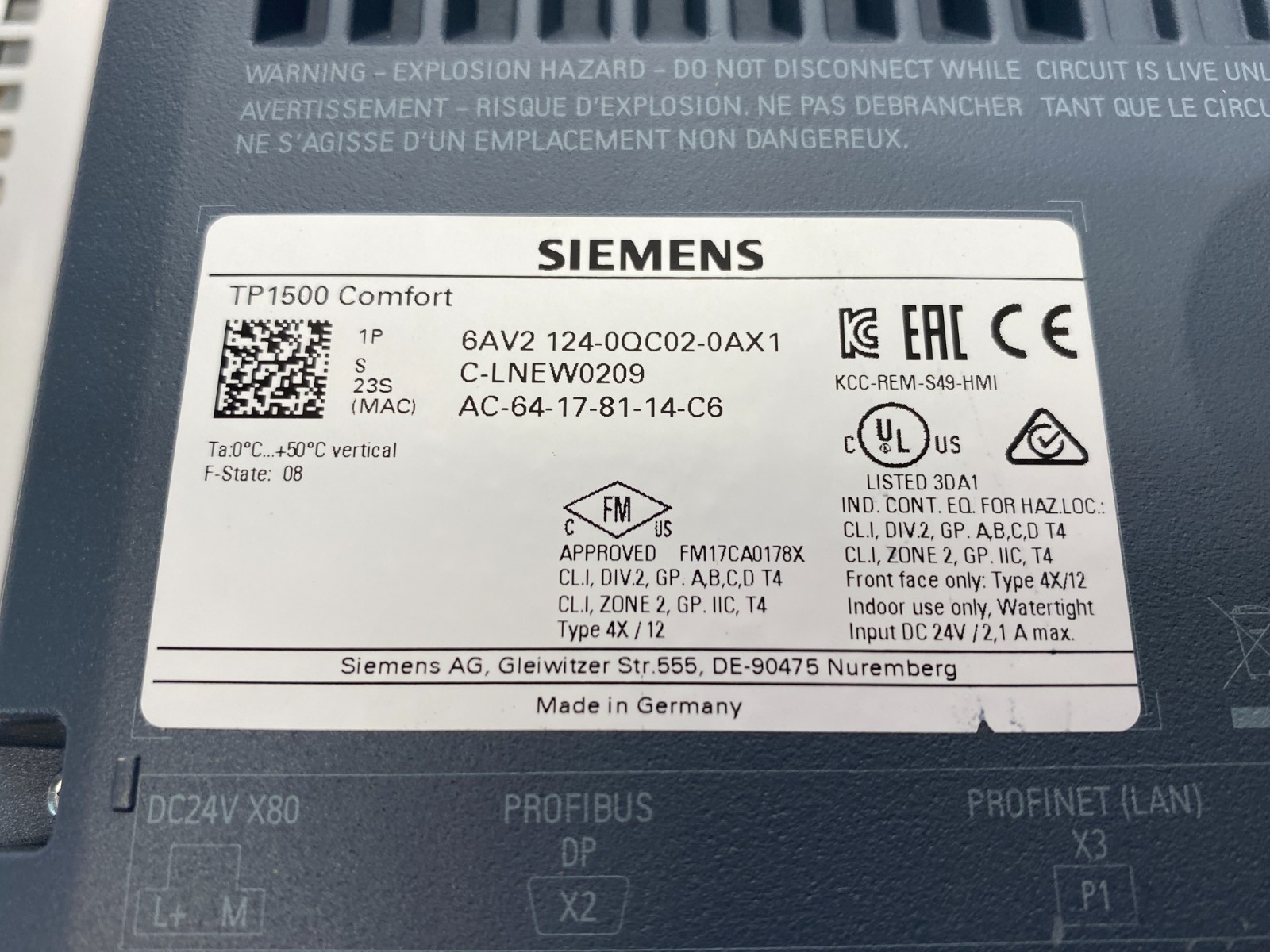 Siemens 6AV2 124-0QC02-0AX1 TP1500 Comfort Touch Display Panel HMI 331mm x 207mm - Maverick Industrial Sales