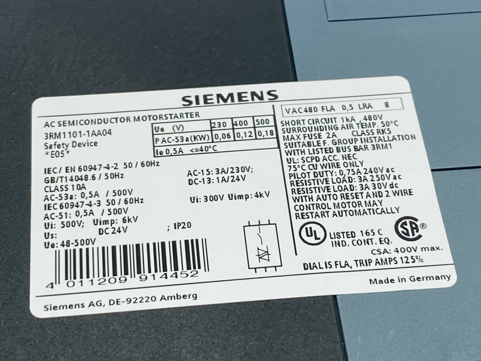 Siemens 3RM1101-1AA04 Fail Safe Direct Starter 0.1-0.5A 500V 24VDC 0-0.12kW - Maverick Industrial Sales