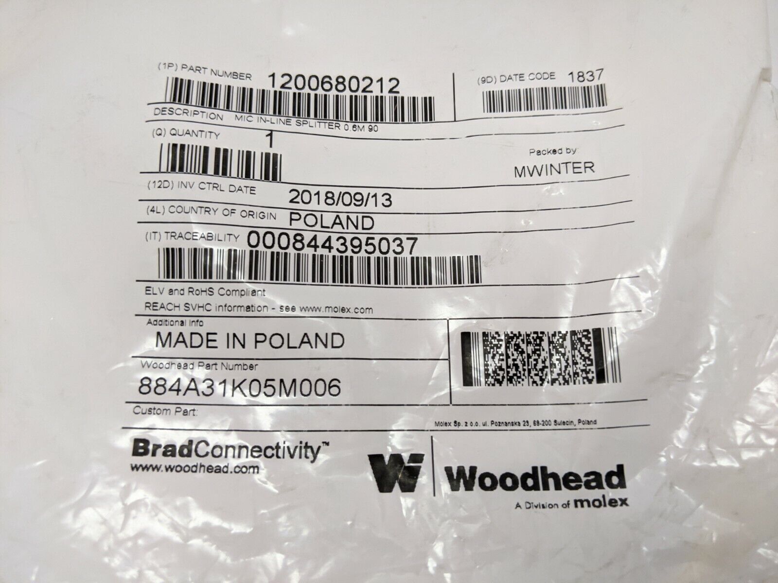Molex Woodhead 1200680212 In-Line Splitter Cordset - Maverick Industrial Sales