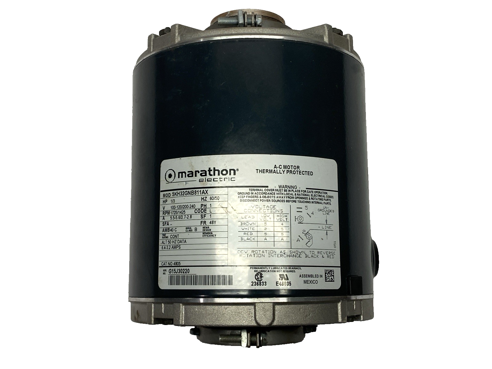 5KH32GNB811AX | Marathon AC Motor 1-Phase 1/3HP 1725/1425RPM - For parts or not working - Maverick Industrial Sales