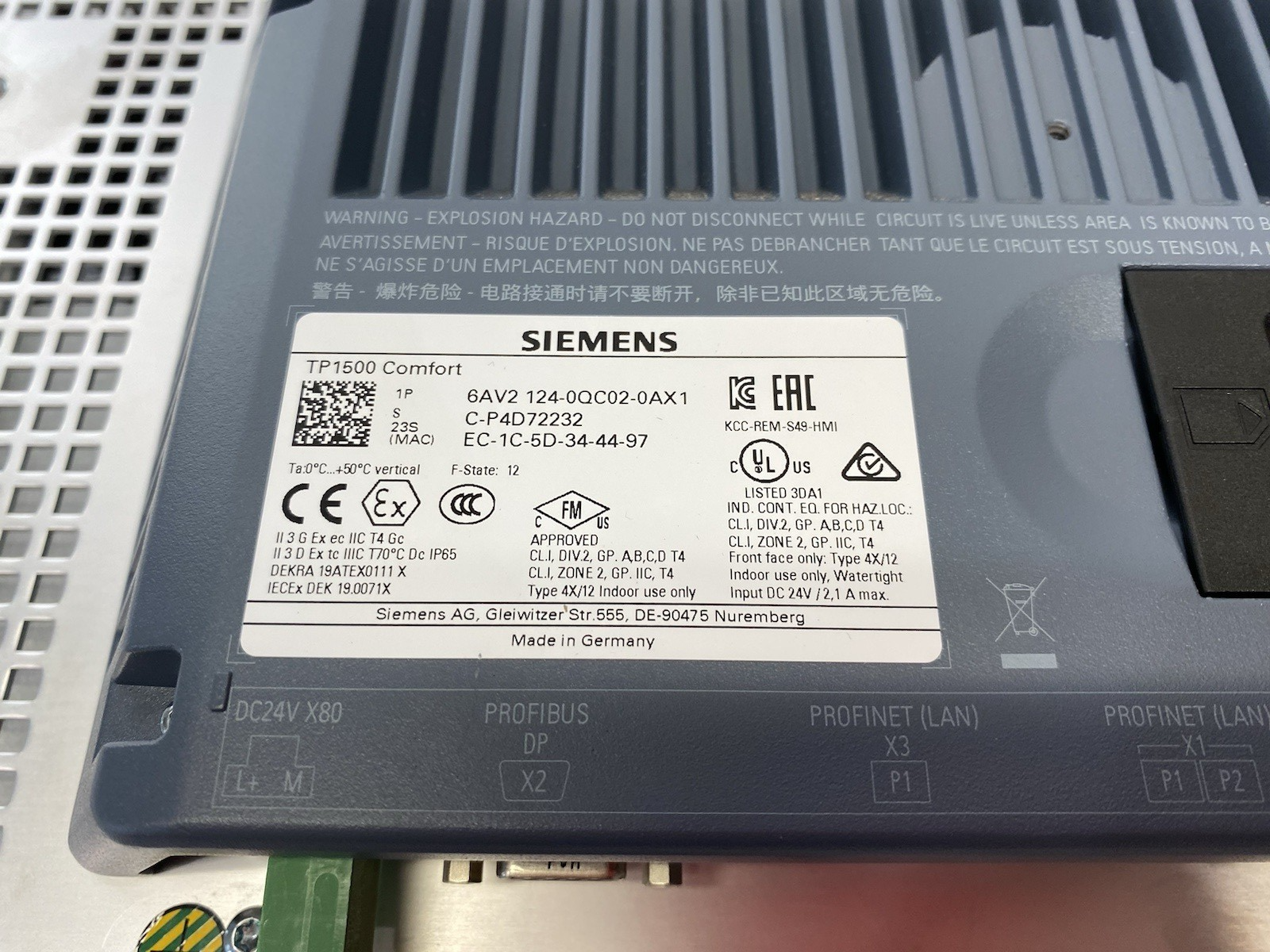 Siemens 6AV2124-0QC02-0AX1 SIMATIC HMI TP1500 Comfort Touch Panel, 15" TFT Disp. - Maverick Industrial Sales