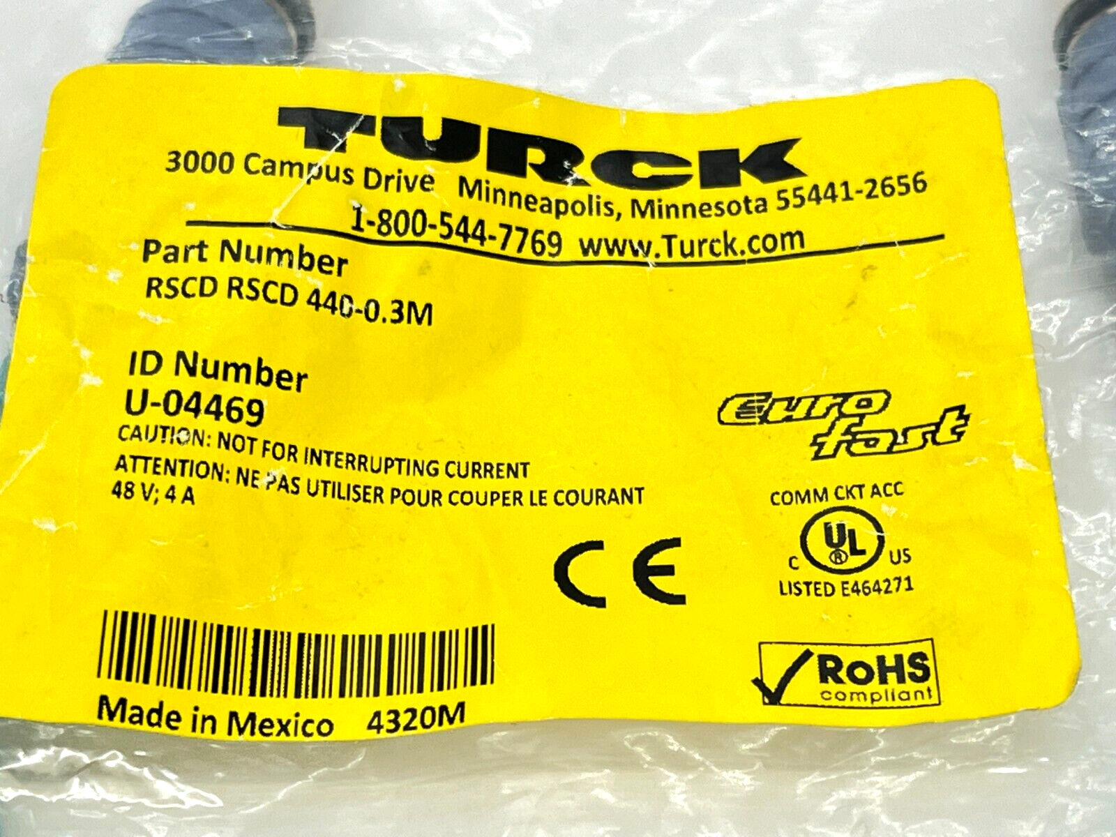 Turck RSCD RSCD 440-0.3M Eurofast Ethernet Cordset Double M12 Male 0.3M U-04469 - Maverick Industrial Sales