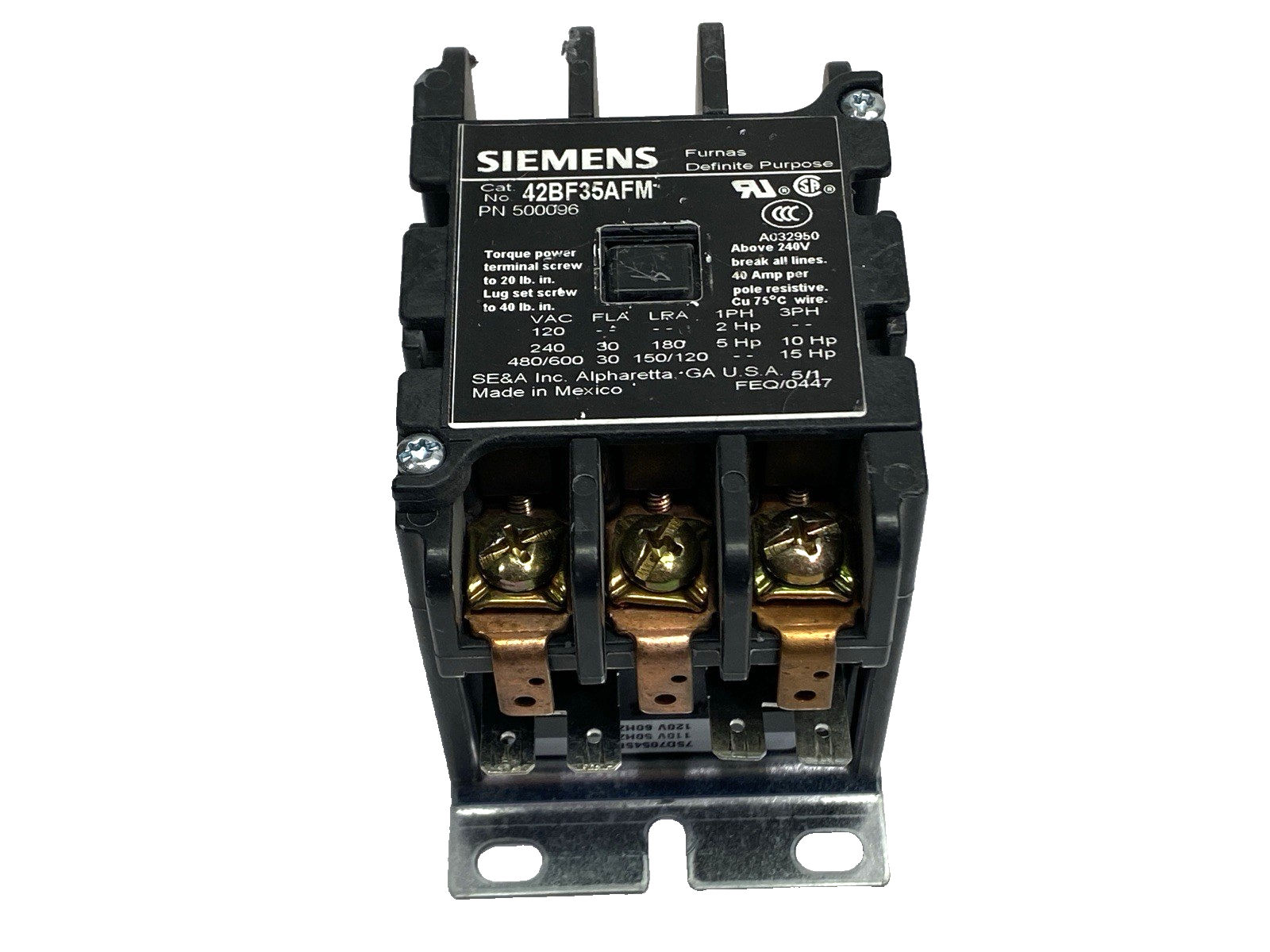 Siemens 42BF35AFM Definite Purpose Contactor 3-Pole 30A 120VAC 500096 - Maverick Industrial Sales