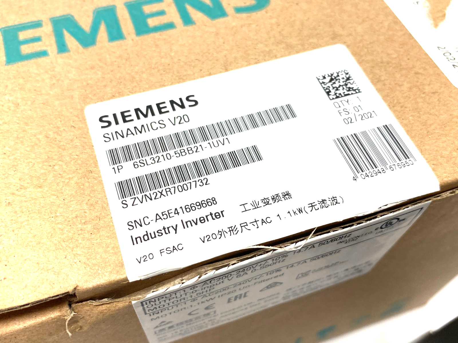 Siemens 6SL3210-5BB21-1UV1 Sinamics V20 Converter 1AC 230V 1.1kW Unfilt - Maverick Industrial Sales