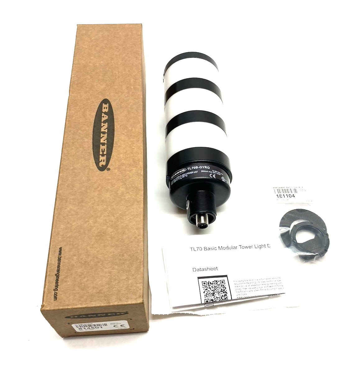 TL70B-GYRQ | Banner 70mm Basic Tower Light, 3-Color Indicator, Black House 814501 - New – Open box - Maverick Industrial Sales