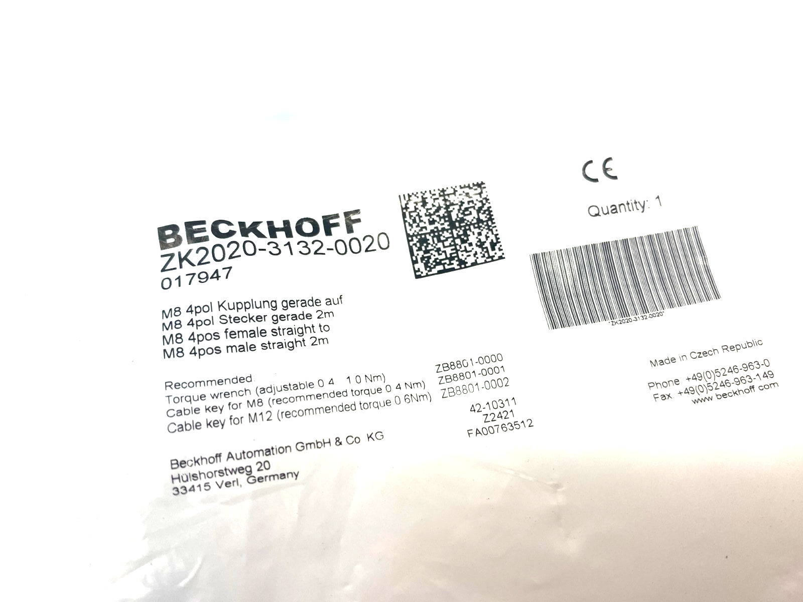 Beckhoff ZK2020-3132-0020 Double Ended Power Cordset M8 4-Pin 2m 017947 - Maverick Industrial Sales