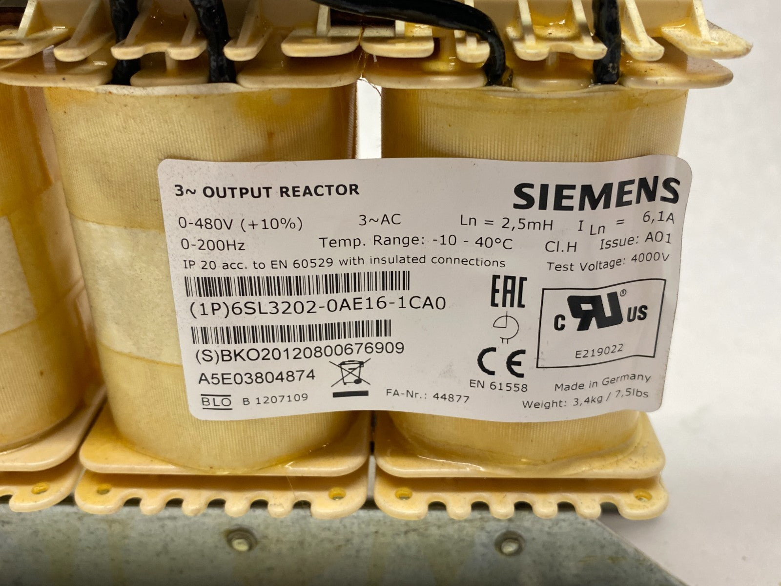 Siemens 6SL3202-0AE16-1CA0 SINAMICS 3~ Output Reactor - Maverick Industrial Sales