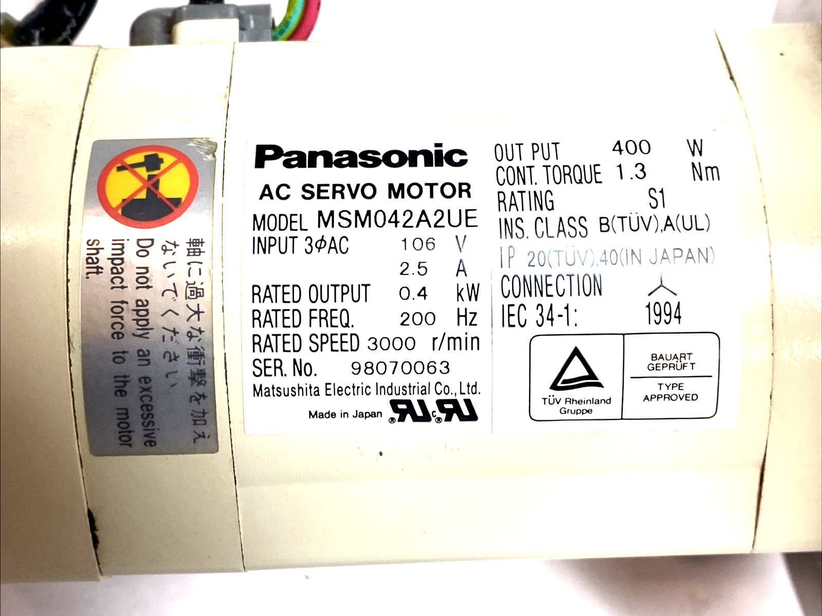 MSM042A2UE | Panasonic AC Servo Motor 400W 200V 3000rpm Incremental Encoder - Used - Maverick Industrial Sales